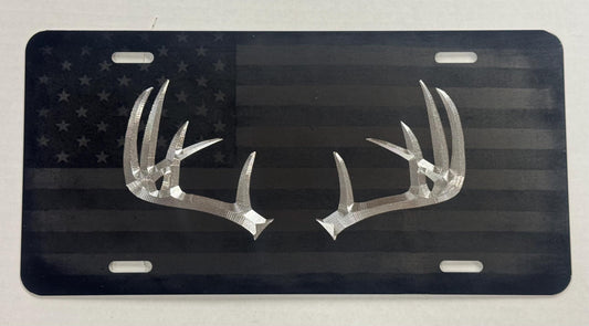 Engraved Deer Antlers Combo Laser US Flag Car Tag