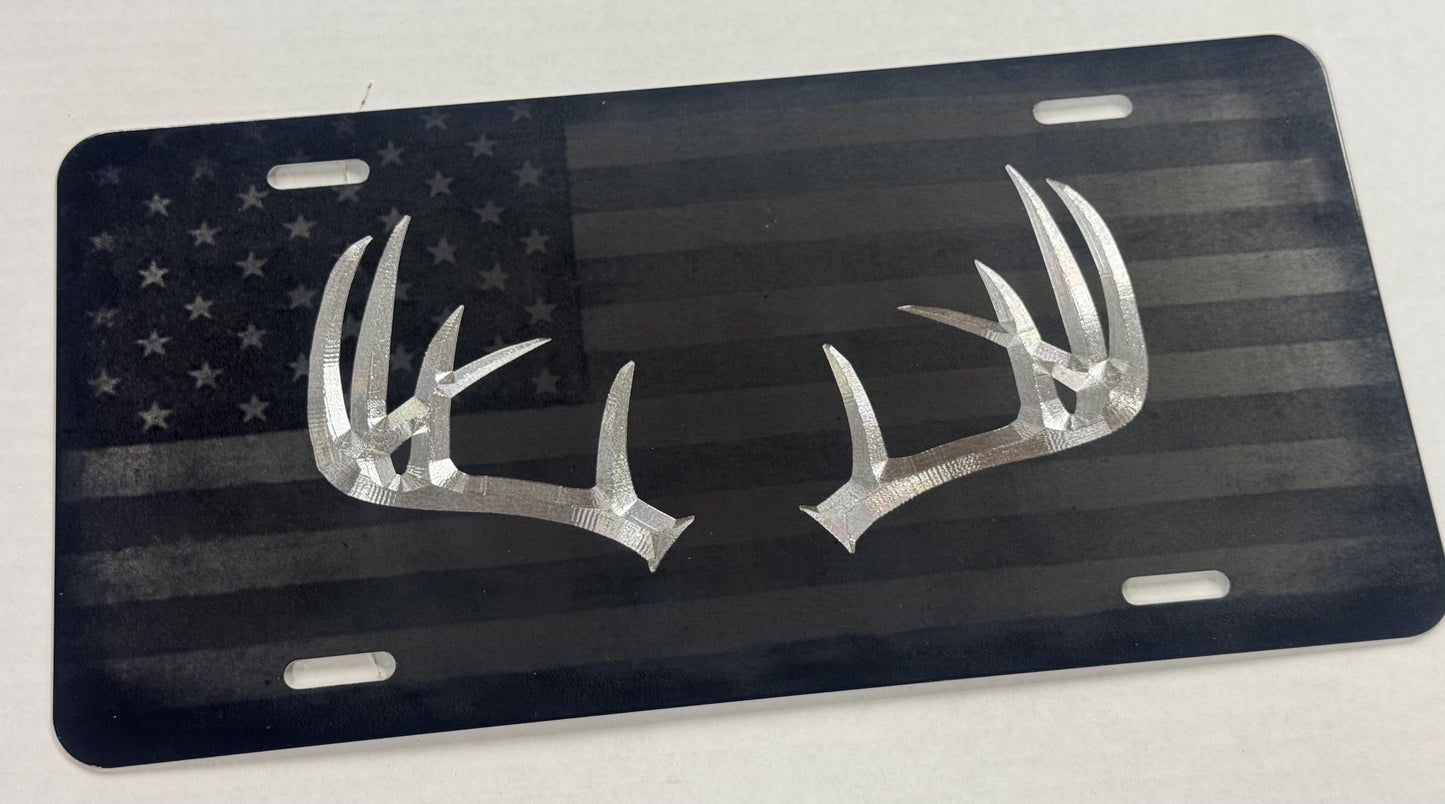 Engraved Deer Antlers Combo Laser US Flag Car Tag