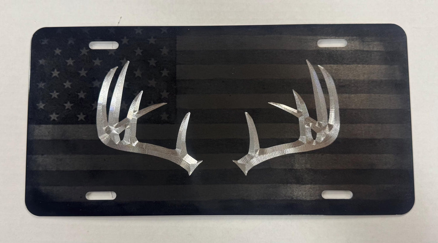 Engraved Deer Antlers Combo Laser US Flag Car Tag