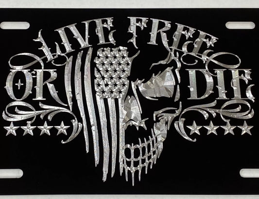 US Flag LIVE FREE OR DIE Skull Patriotic Car Tag Diamond Etched License Plate