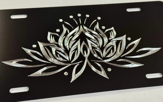 Lotus Flower Diamond Etched REFLECTIVE Engraved License Plate Metal Car Tag Gift
