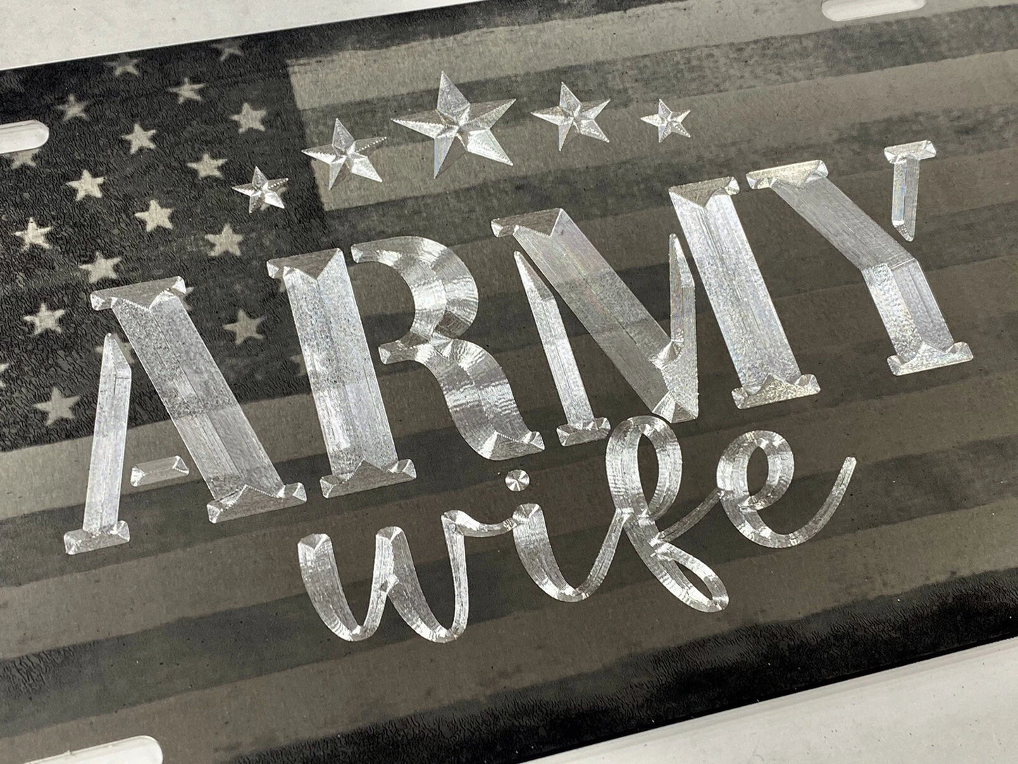 Combo Laser & Diamond Engraved US Army Wife Car Tag