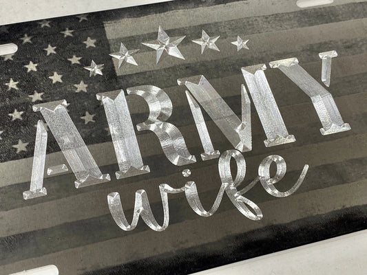Combo Laser & Diamond Engraved US Army Wife Car Tag