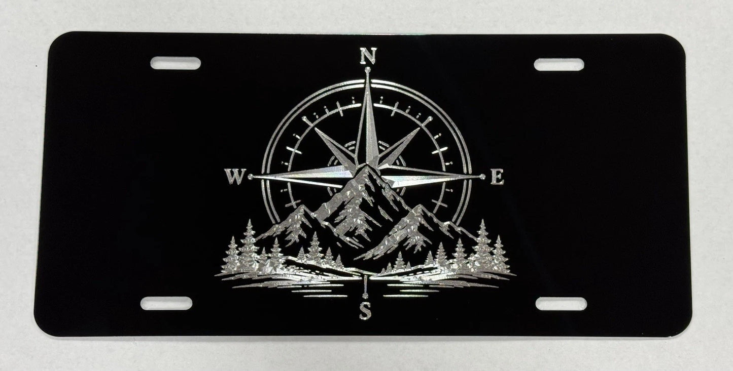 Engraved Compass Mountains Car Tag