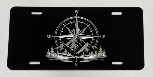 Engraved Compass Mountains Car Tag