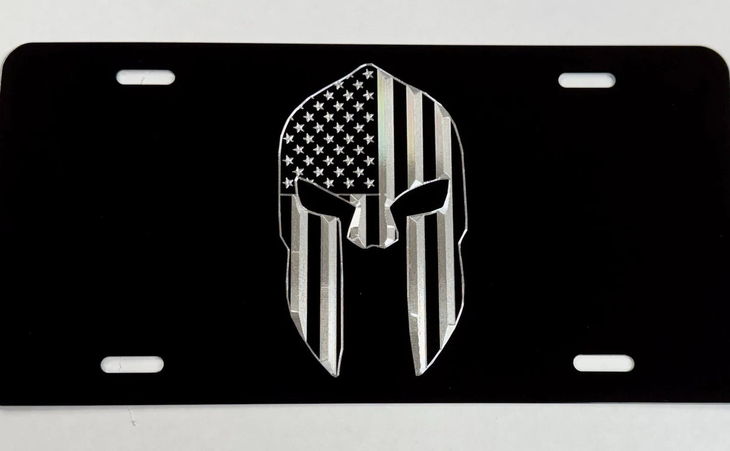 US American Flag Spartan Helmet Car Tag