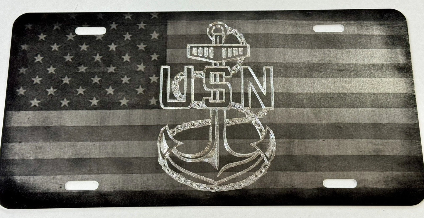Combo Laser & Diamond Engraved Etched Navy Anchor US Flag Car Tag