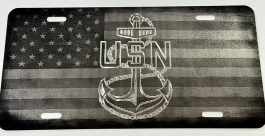 Combo Laser & Diamond Engraved Etched Navy Anchor US Flag Car Tag