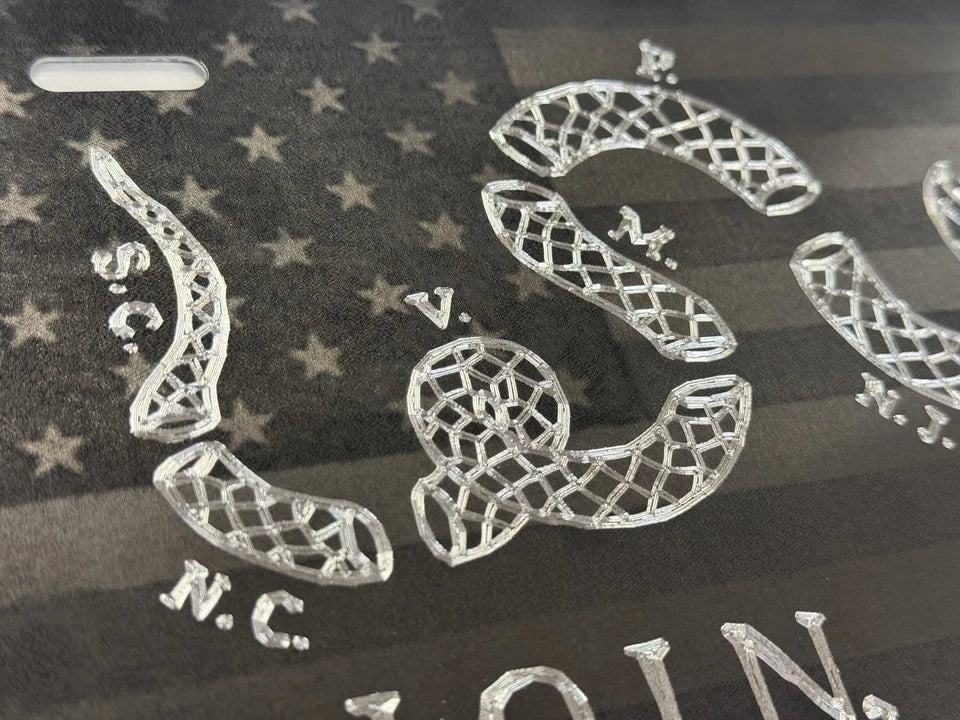 Combo Laser & Diamond Engraved US Join or Die Car Tag