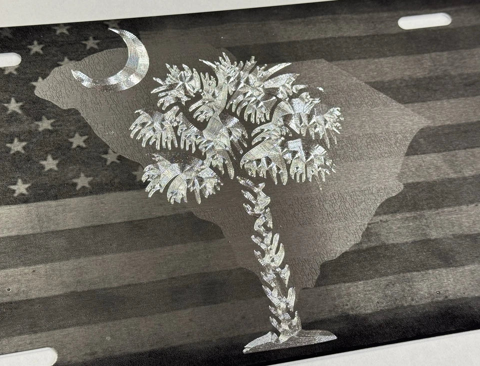 Combo Laser Engraved US Flag & Diamond Etched SC Palm Tree Car Tag