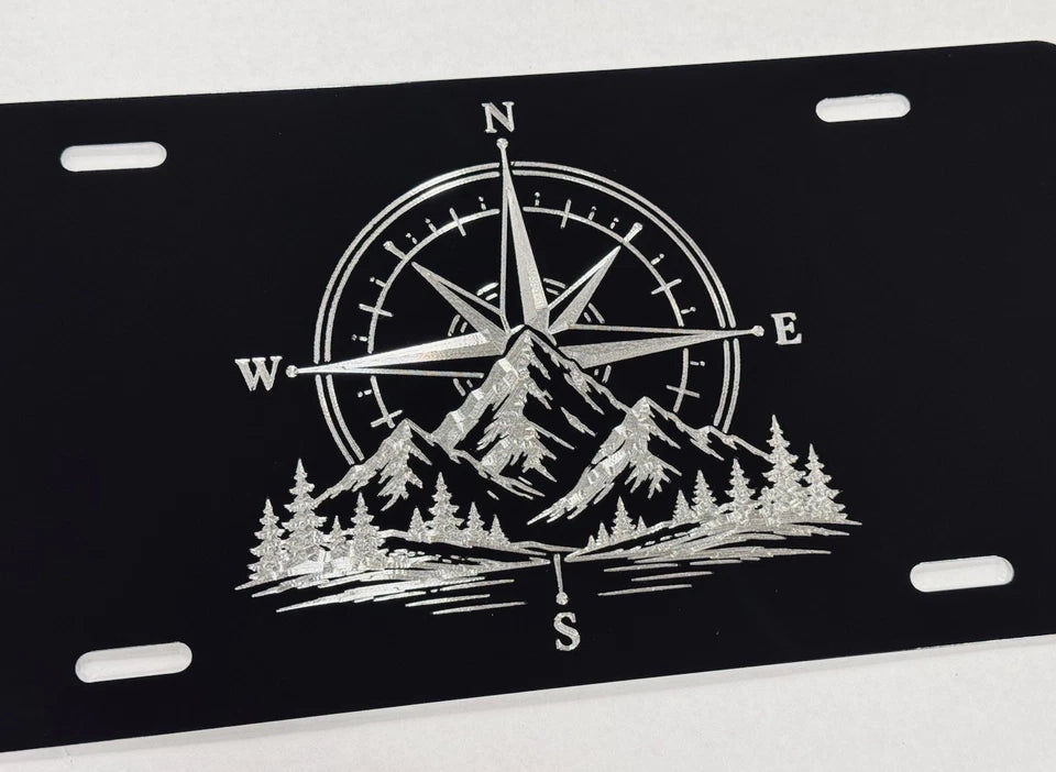 Engraved Compass Mountains Car Tag