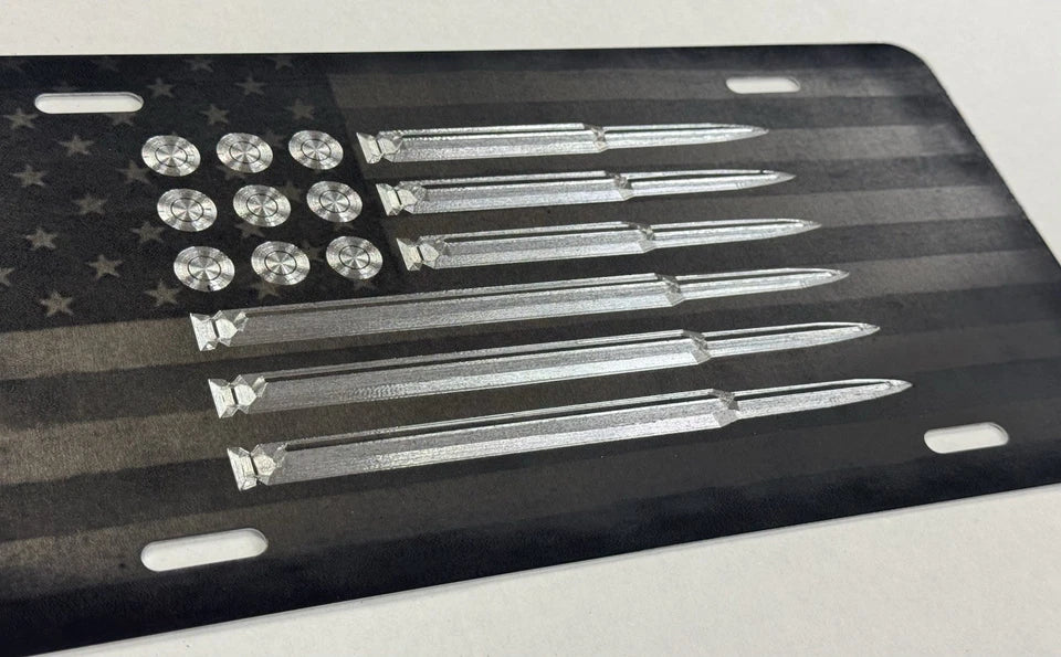 Combo Laser & Diamond Etched US Flag Gun Bullet Car Tag