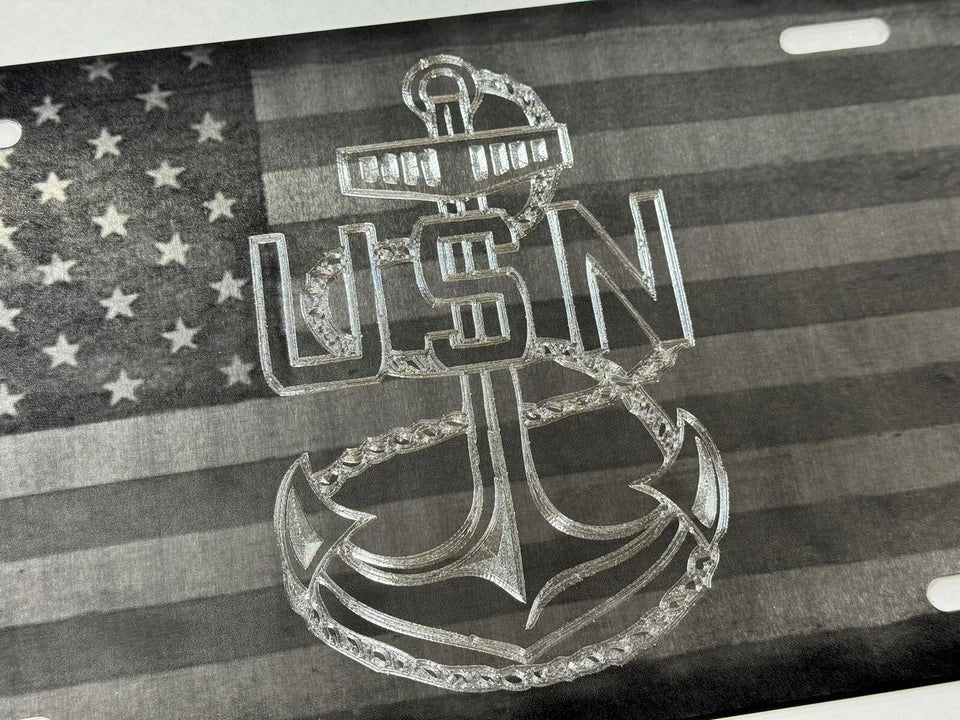 Combo Laser & Diamond Engraved Etched Navy Anchor US Flag Car Tag