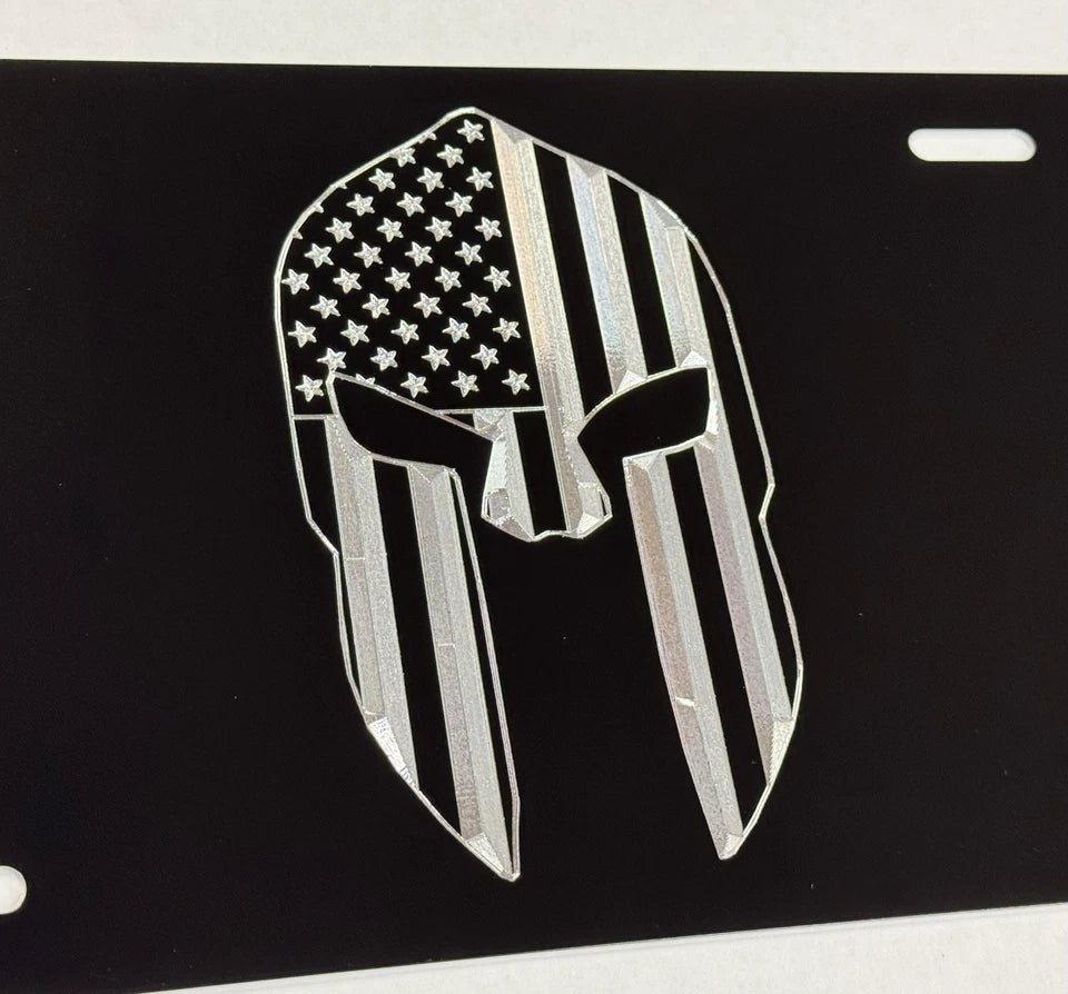 US American Flag Spartan Helmet Car Tag