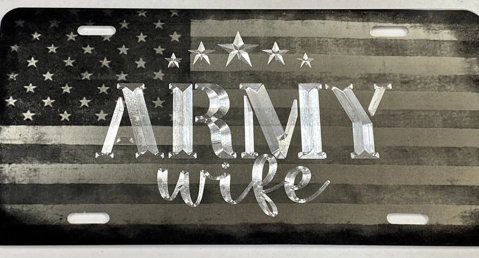 Combo Laser & Diamond Engraved US Army Wife Car Tag