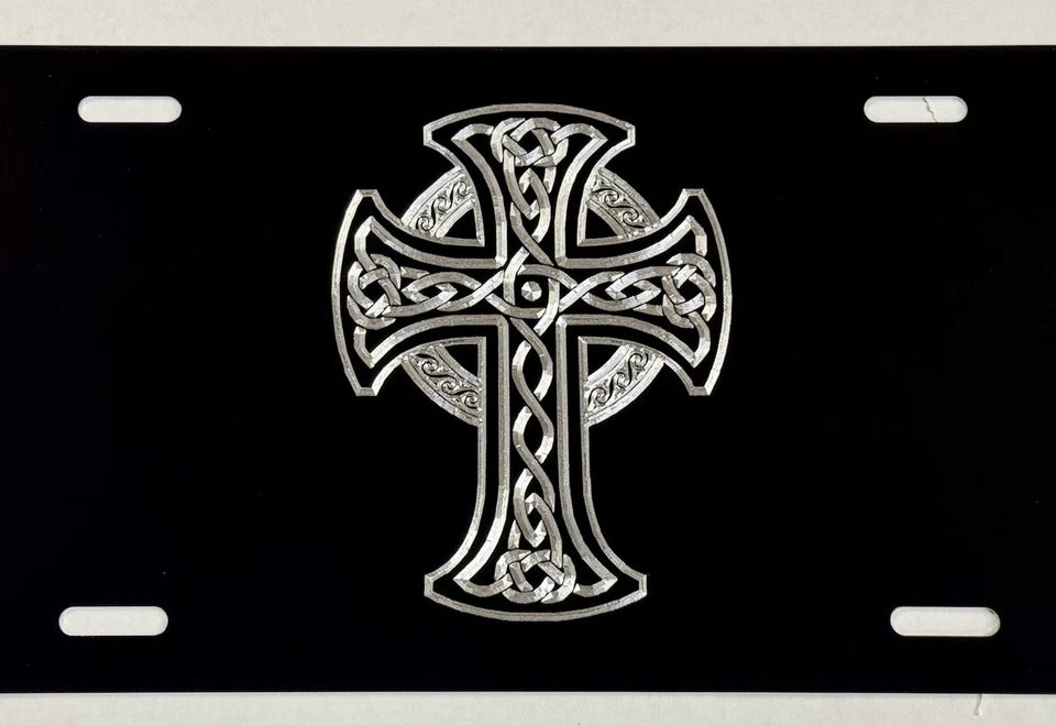 Silver Engraved Celtic Cross Car Tag