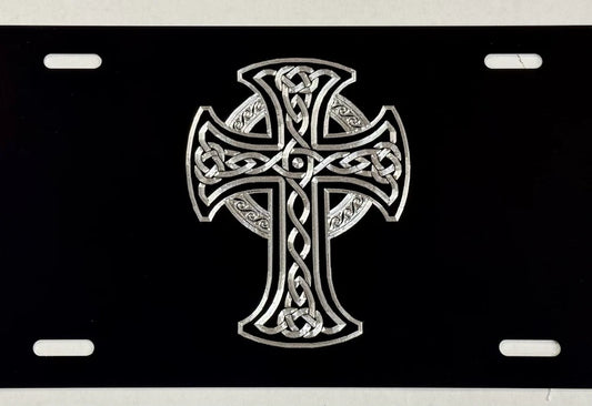 Silver Engraved Celtic Cross Car Tag