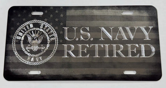 Combo Laser & Diamond Engraved US Navy Retired Car Tag