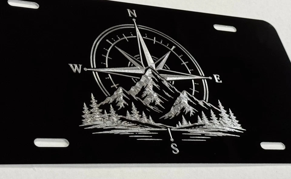 Engraved Compass Mountains Car Tag