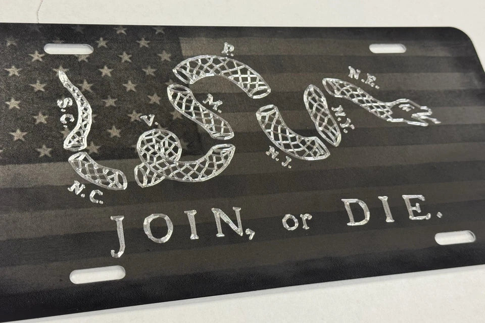 Combo Laser & Diamond Engraved US Join or Die Car Tag