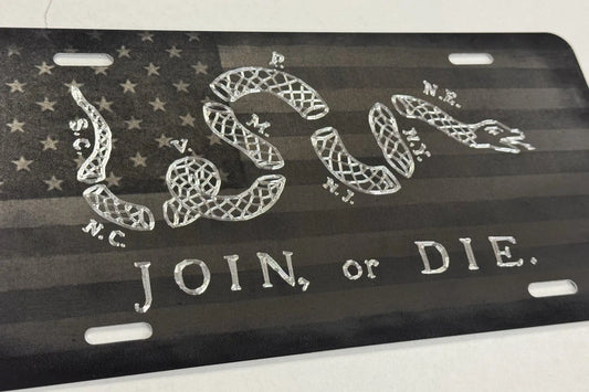 Combo Laser & Diamond Engraved US Join or Die Car Tag