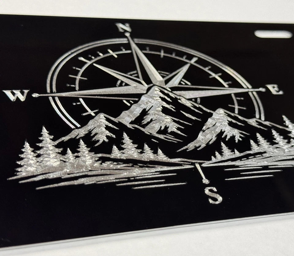 Engraved Compass Mountains Car Tag