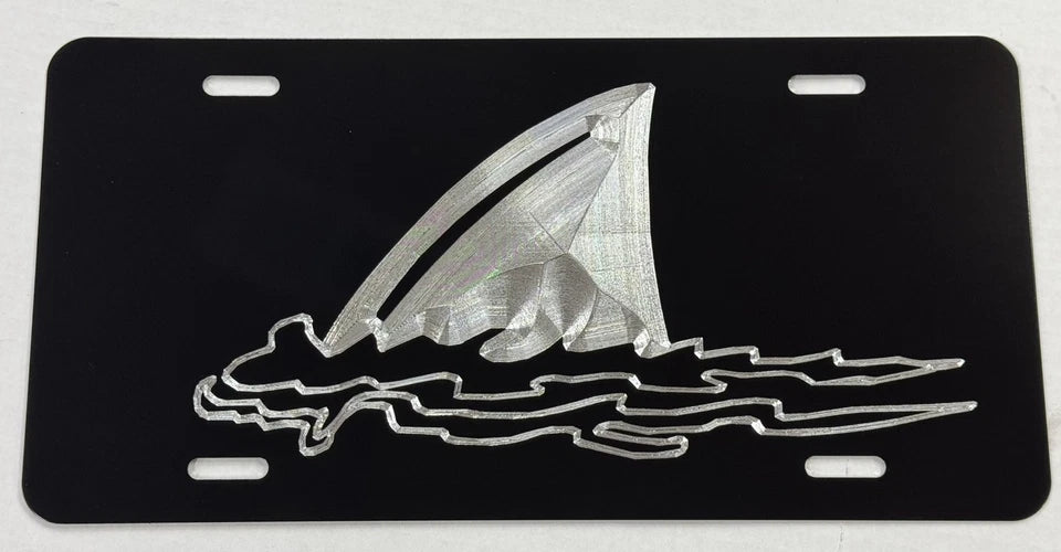 Deep Engraved Shark Fin In Water Car Tag