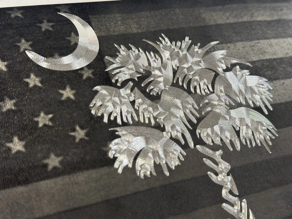 Laser US Flag & Diamond Etched SC Palmetto Palm Tree Car Tag