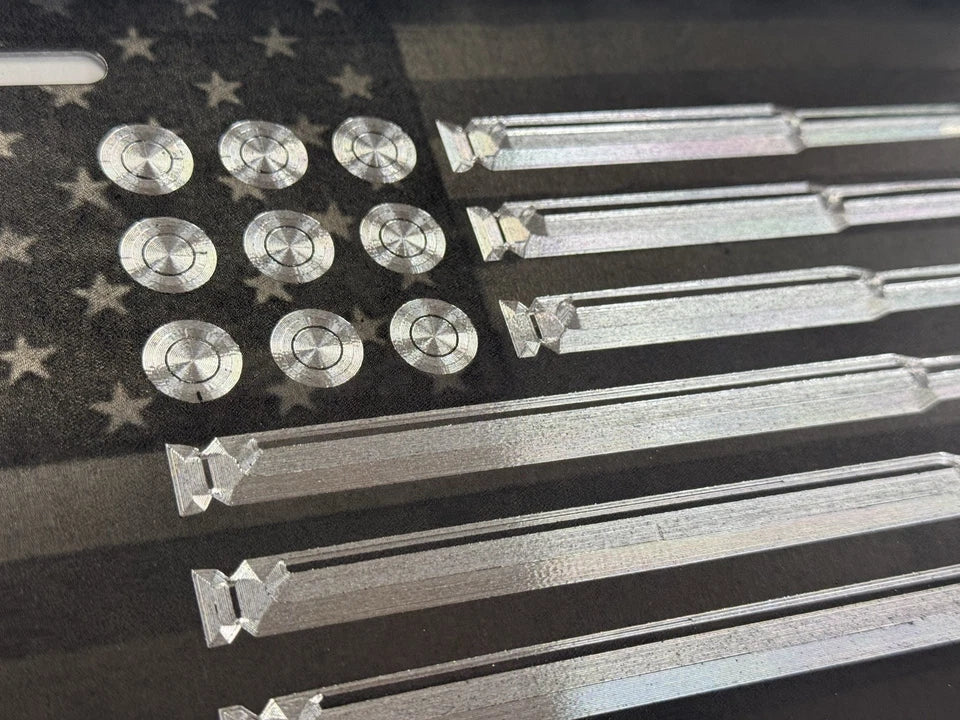 Combo Laser & Diamond Etched US Flag Gun Bullet Car Tag
