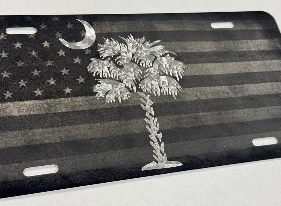 Laser US Flag & Diamond Etched SC Palmetto Palm Tree Car Tag