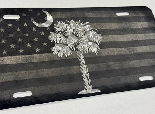 Laser US Flag & Diamond Etched SC Palmetto Palm Tree Car Tag