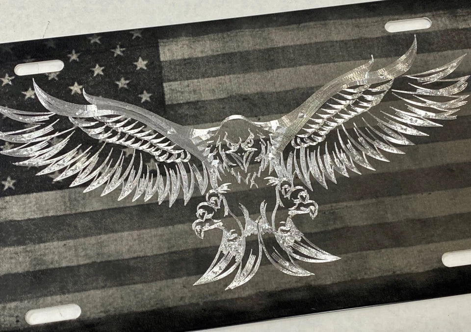 Combo Laser Engraved US American Flag Car Tag