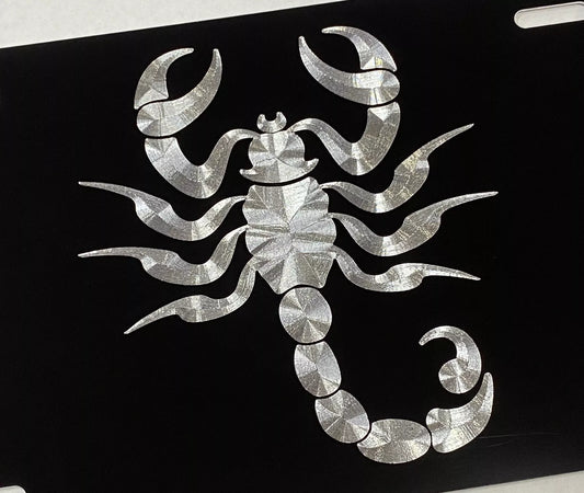 Scorpion Car Tag Diamond Etched Silver Engraved Black Metal Front License Plate