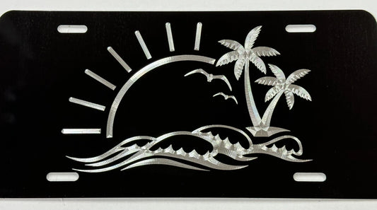 Beach Palm Tree Car Tag Diamond Etched Black Metal Vanity Front License Plate