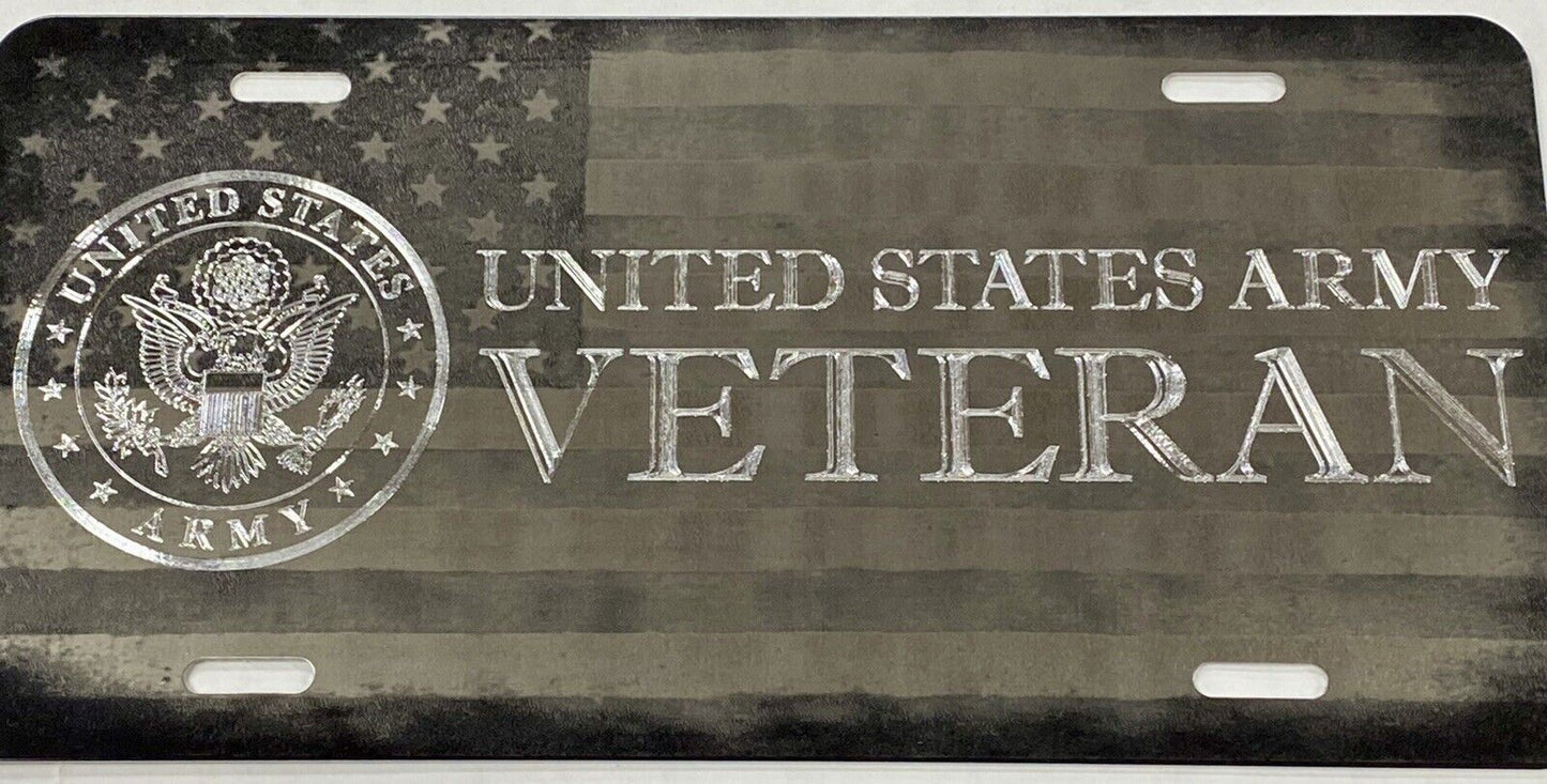 Combo Engraved US Flag Diamond Etched Army Vet Veteran Car Tag