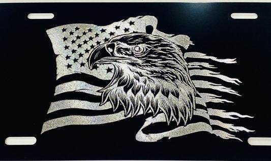 Deep Engraved US USA Flag Eagle Patriotic Car Tag