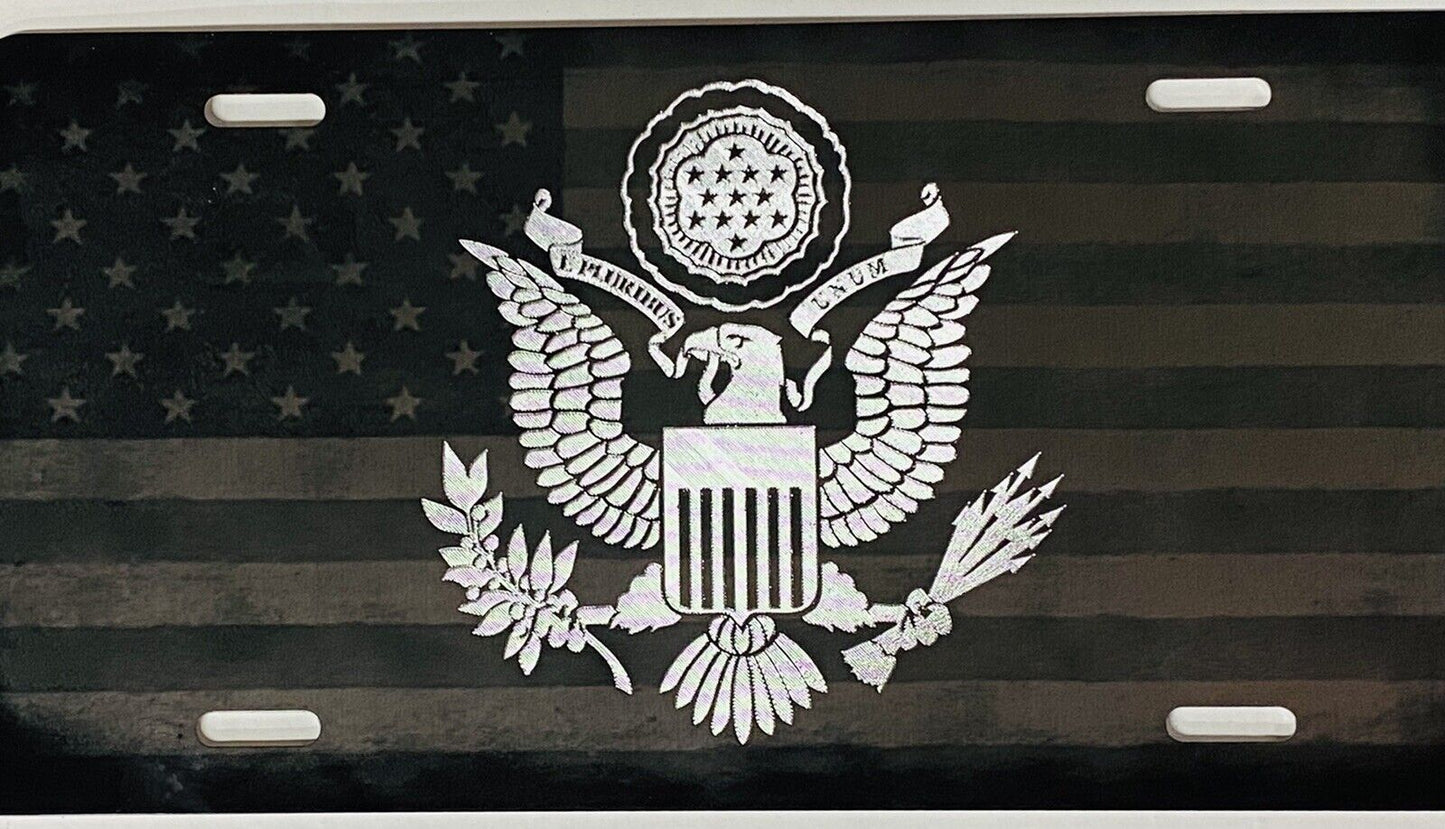 Combo Laser & Diamond Etched US American Flag Eagle Seal Car Tag