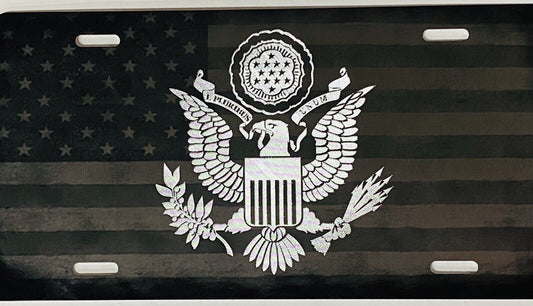 Combo Laser & Diamond Etched US American Flag Eagle Seal Car Tag