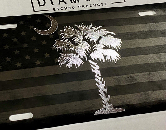 Laser US Flag & Diamond Etched SC Palmetto Palm Tree Car Tag