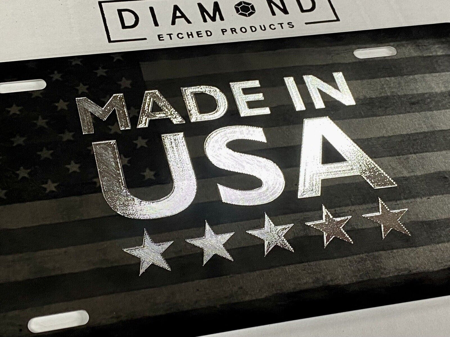 Combo Laser & Diamond Etched US Flag Made In USA Car Tag