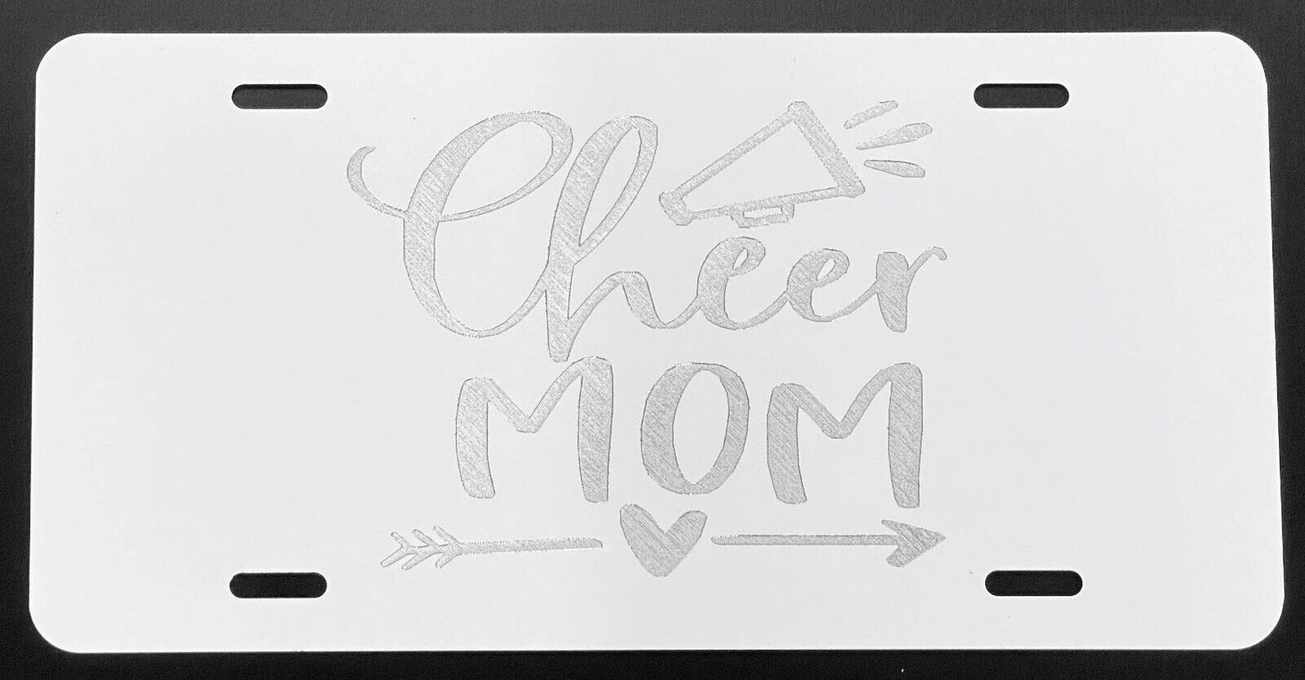 Deep Engraved Cheer Mom Car Tag - White