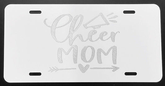 Deep Engraved Cheer Mom Car Tag - White