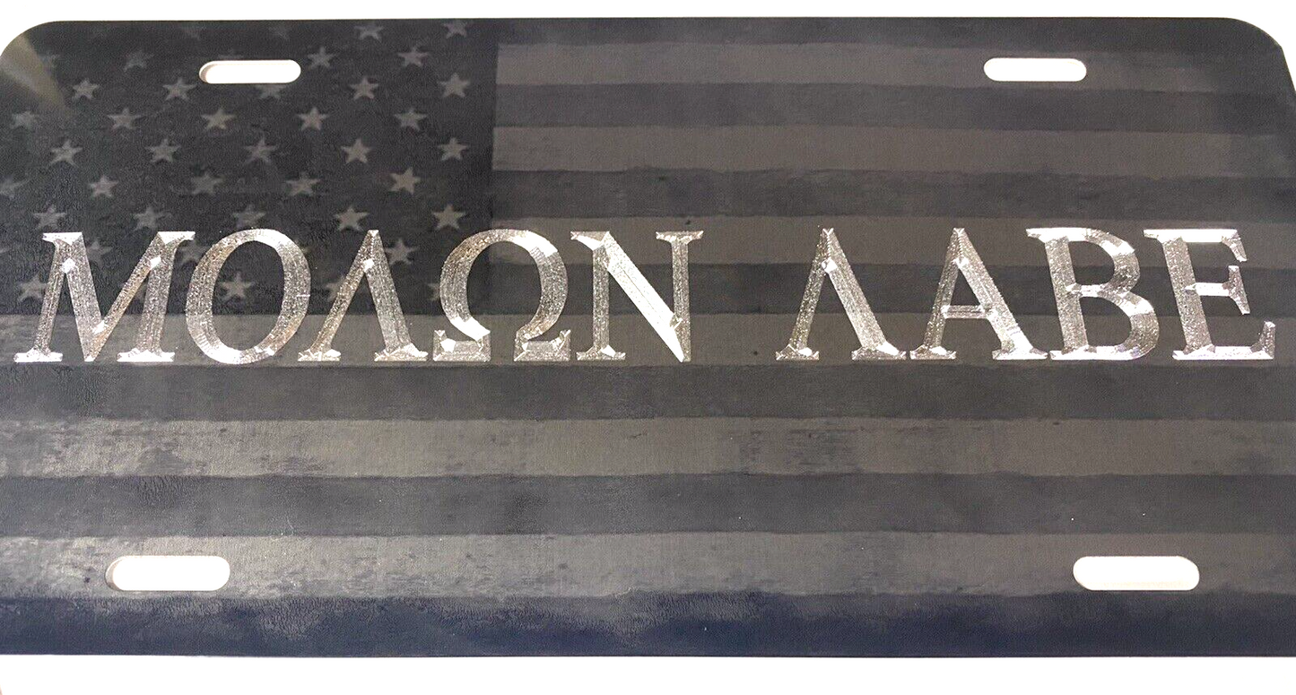 Combo Laser US Flag & Diamond Etched Engraved Molon Labe Car Tag