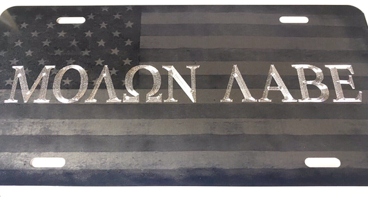 Combo Laser US Flag & Diamond Etched Engraved Molon Labe Car Tag