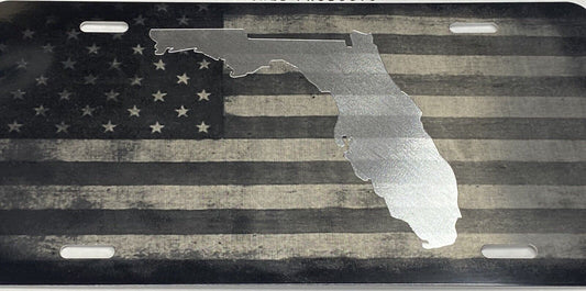 Combo Laser Engraved US Flag & Diamond Etched Florida FL Car Tag