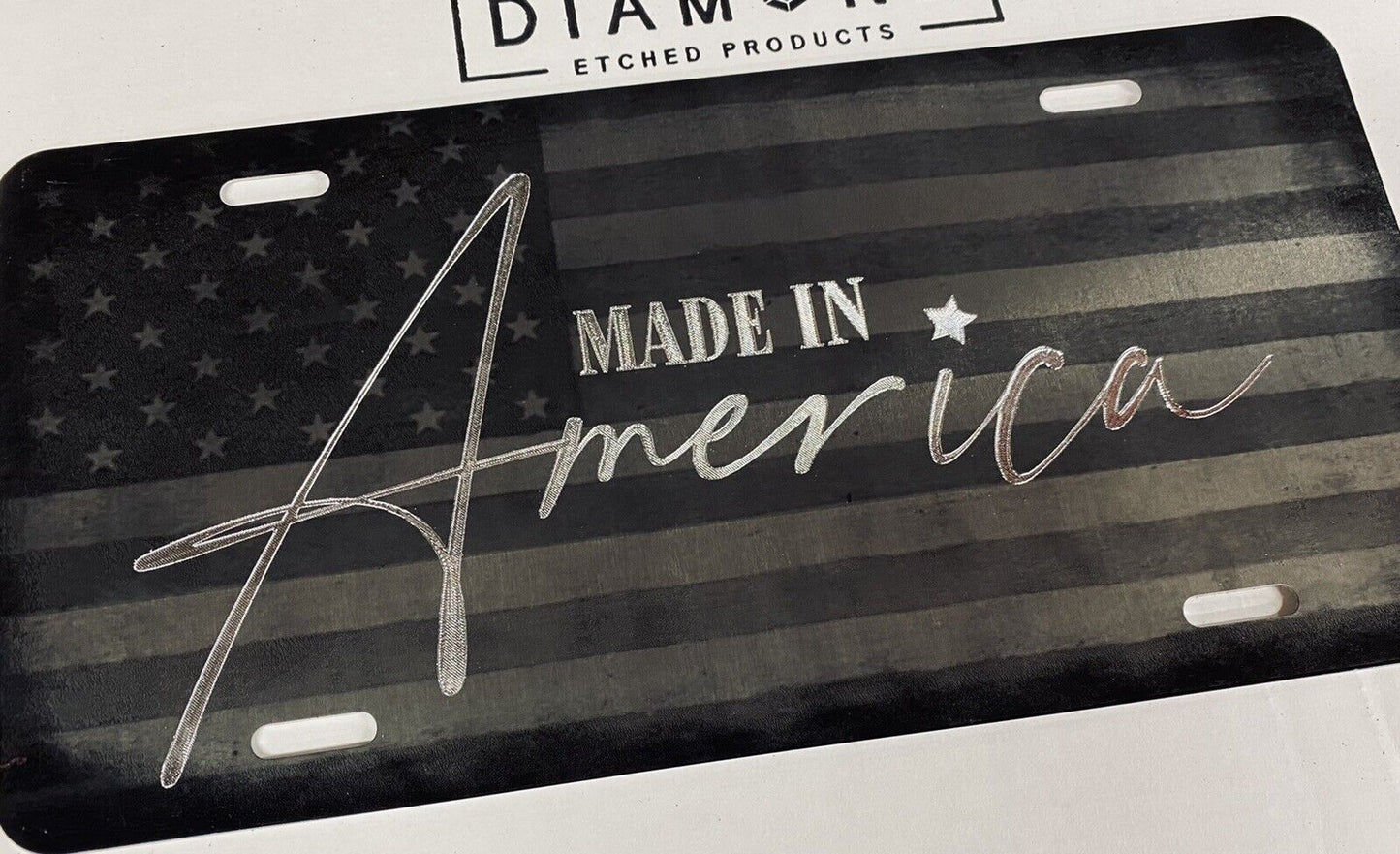 Combo Laser & Diamond Etched US Flag Made In America Car Tag