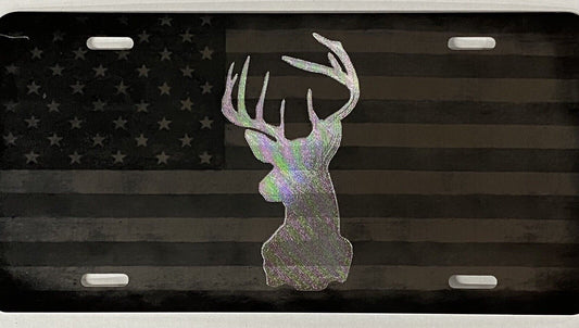 Laser US Flag & Diamond Etched Deer Head Car Tag