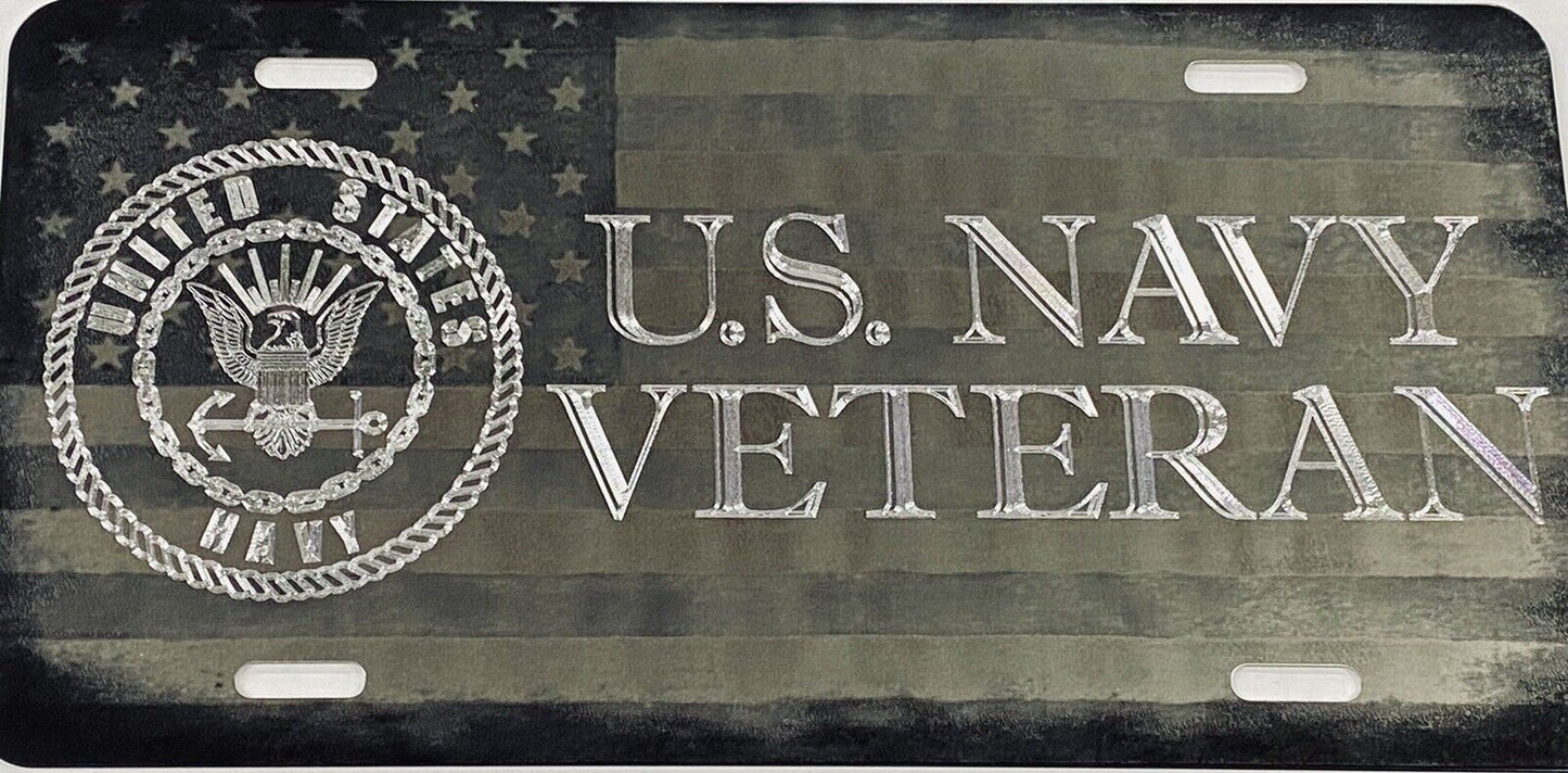 Combo Laser US Flag & Diamond Etched Navy Veteran Car Tag