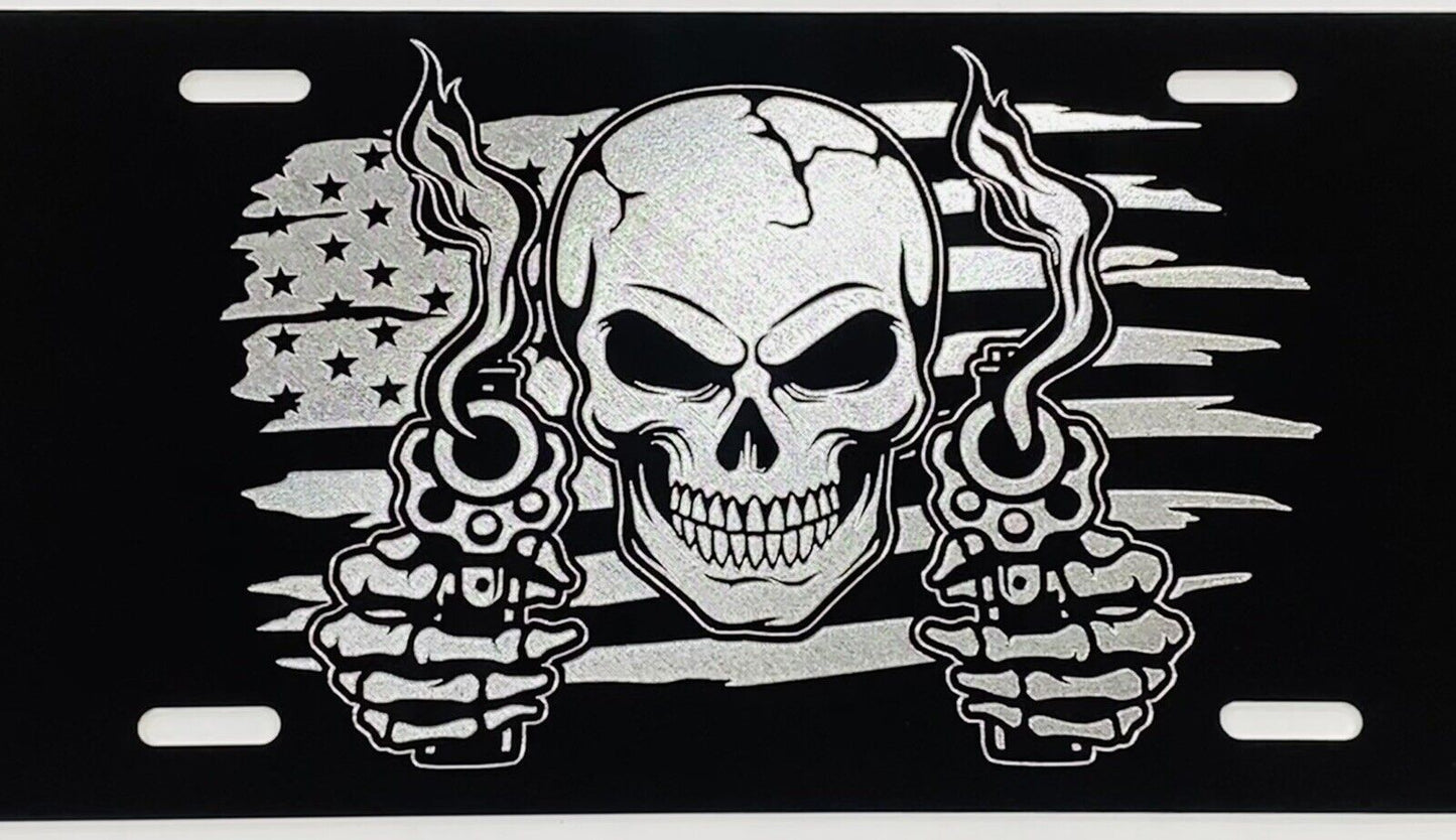 ENGRAVED US Flag Skull Gun Rights Car Tag