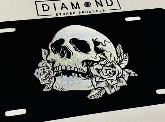 True Engraved Skull Rose Car Tag